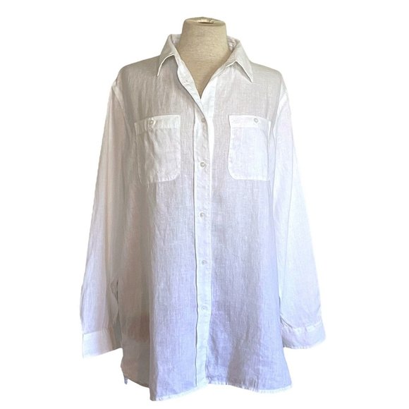 Lauren Ralph Lauren Tops - Lauren by Ralph Lauren White Linen Tunic Top Womens Sz L Coastal Beach Blouse
